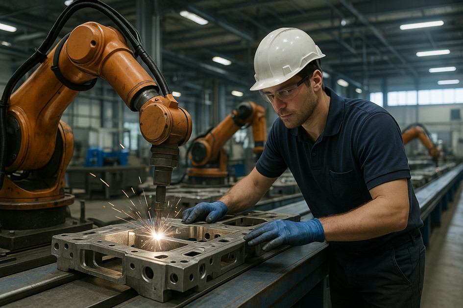 Muž pracující s robotem při svařování